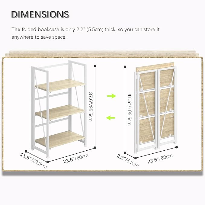4NM No-Assembly Folding Bookshelf Storage Shelves 3 Tiers Vintage Bookcase Standing Racks Study Organizer Home Office (Natural and White) - LeafyLoom