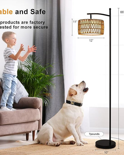 Rattan Floor Lamps for Living Room, Boho Standing Lamp with Remote Control, Arc Floor Lamp Dimmable with Rattan& Linen Double Shades, Wicker Floor Lamp for Bedroom, Office - LeafyLoom