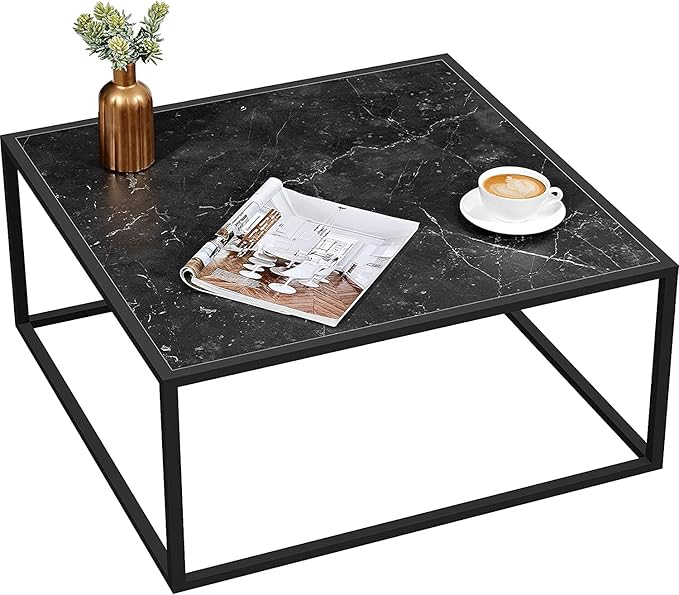 SAYGOER Black Coffee Table Small Square Coffee Table Simple Modern Center Table for Living Room Home Office 27.6 * 27.6 * 15.7Inch Easy Assembly, Black Faux Marble Top with Metal Frame - LeafyLoom