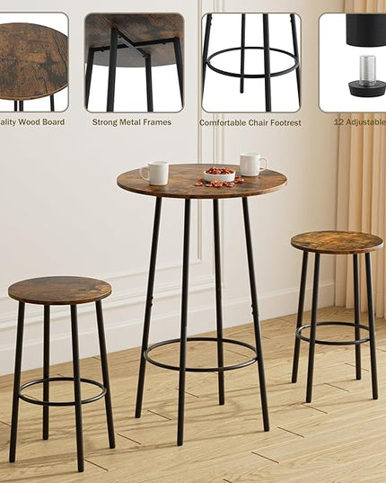 3 Piece Bar Table Set, Round Bar Table and Chairs Set of 2, Pub Dining Table Set Counter Height, Bar Stool Table for Breakfast Nook, Dinning Room, Living Room, Rustic Brown(23.6") - LeafyLoom