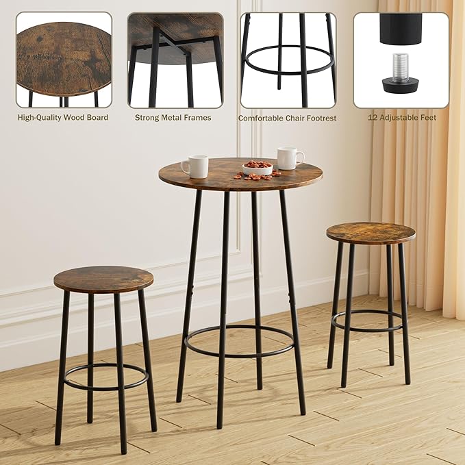 3 Piece Bar Table Set, Round Bar Table and Chairs Set of 2, Pub Dining Table Set Counter Height, Bar Stool Table for Breakfast Nook, Dinning Room, Living Room, Rustic Brown(23.6") - LeafyLoom