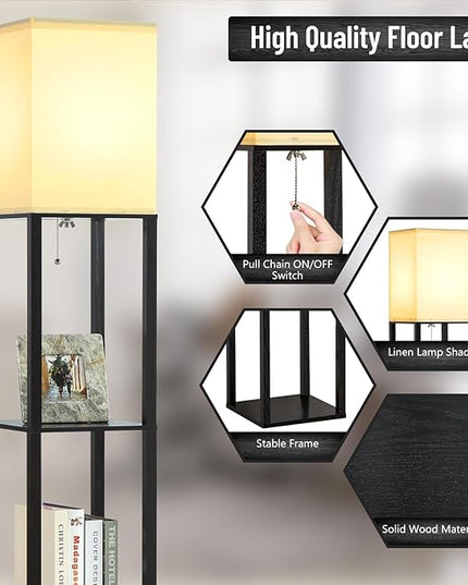 Floor Lamp with Shelves, 3-Tier Modern Floor Lamps for Living Room, Standing Lamp with 3 Color Temperature Bulb, Wooden Shelf Lamp Living Room Lamps, Black Floor Lamp for Bedroom,Living Room,Office - LeafyLoom