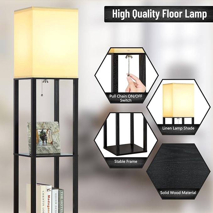 Floor Lamp with Shelves, 3-Tier Modern Floor Lamps for Living Room, Standing Lamp with 3 Color Temperature Bulb, Wooden Shelf Lamp Living Room Lamps, Black Floor Lamp for Bedroom,Living Room,Office - LeafyLoom