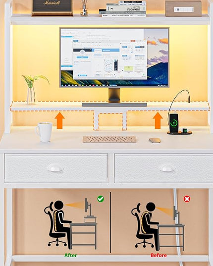 Furologee Small White Computer Desk with Power Outlet and 2 Fabric Drawers, Gaming Desk with LED light, Home Office Desk with Monitor Stand and Hutch for Small Space Working, Study Table with Shelf - LeafyLoom