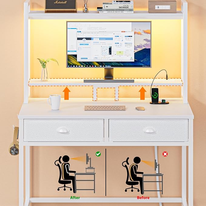Furologee Small White Computer Desk with Power Outlet and 2 Fabric Drawers, Gaming Desk with LED light, Home Office Desk with Monitor Stand and Hutch for Small Space Working, Study Table with Shelf - LeafyLoom