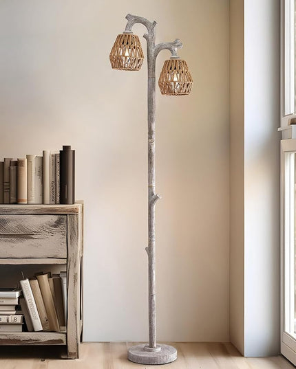 OYEARS Retro Farmhouse Rattan Floor Lamp Boho for Living Room Rustic Standing Lamps Tree Trunk Deco Modern Country Vintage Wood Grain 62" Tall Corner Floor Lamp Bedroom Office… - LeafyLoom