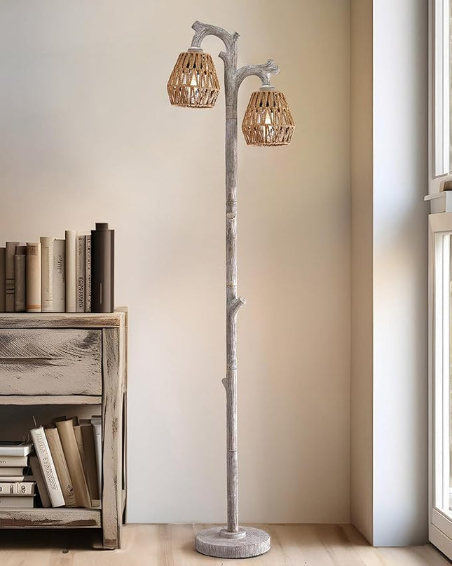 OYEARS Retro Farmhouse Rattan Floor Lamp Boho for Living Room Rustic Standing Lamps Tree Trunk Deco Modern Country Vintage Wood Grain 62" Tall Corner Floor Lamp Bedroom Office… - LeafyLoom