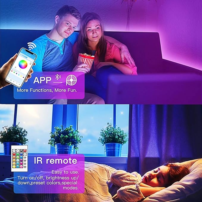TJOY 130ft Bluetooth LED Strip Lights, RGB Color Changing, Music Sync, App Control, Indoor Usage, 5050 SMD, 2 Rolls, for Bedroom Kitchen TV Party (APP+Remote +Mic) TJOY