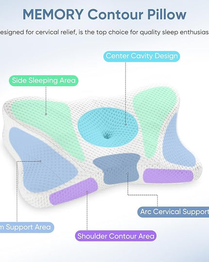 JHK Contour Neck Pillows for Neck Pain Relief, Ergonomic Cervical Neck Pillow, Memory Foam Orthopedic Bed Pillow for Side Back Stomach Sleeper, Cooling Pillow with Breathable Pillowcase, White - LeafyLoom