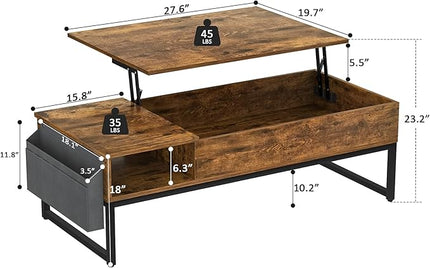Aheaplus Lift Top Coffee Table with Storage, Wood Lifting Top Central Table Metal Frame, 43.3" Lift Tabletop Tea Table with Side Pouch, Cocktail Table Modern Pop up Adjustable Table for Living Room - LeafyLoom
