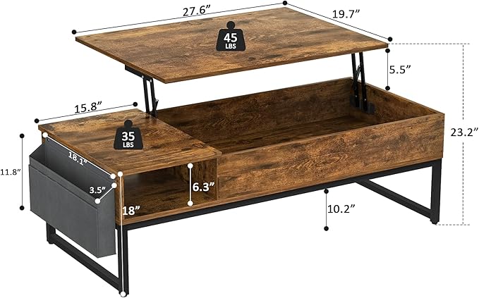 Aheaplus Lift Top Coffee Table with Storage, Wood Lifting Top Central Table Metal Frame, 43.3" Lift Tabletop Tea Table with Side Pouch, Cocktail Table Modern Pop up Adjustable Table for Living Room - LeafyLoom