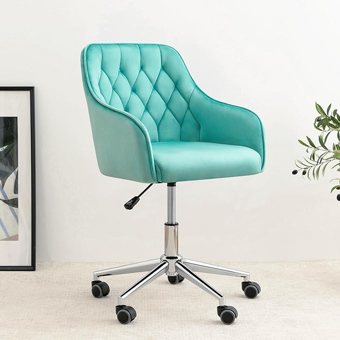 Velvet Desk Chair Vanity Chair for Makeup with Wheels and Back Home Office Chair Adjustable Rolling Swivel Chair for Bedroom Vanity Room Green - LeafyLoom