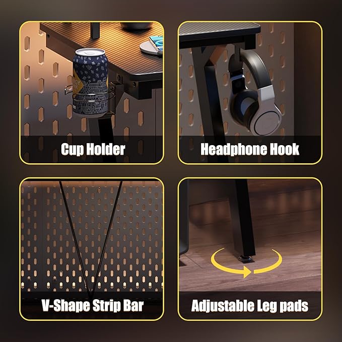 Gaming Desk with Power Outlets & Music Strip Lights,Computer Desk with Large Monitor Stand, PC Laptop Table for Small Spaces, Gamer Workstation with Cup Holder, Headphone Hook for Home Office - LeafyLoom