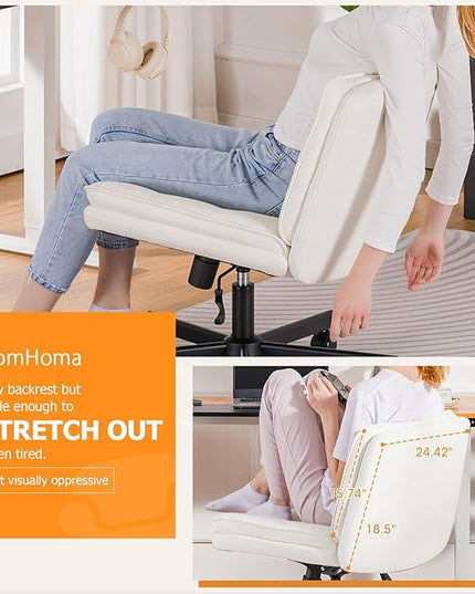 COMHOMA Criss Cross Chair with Wheels, Armless Wide Cross Legged Office Chair Mid Back, Modern Home Office Desk Chair Swivel Adjustable Vanity Computer Chair, Beige Velvet - LeafyLoom