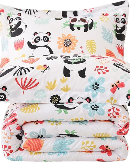 JSD Panda Flower Kids Comforter Set, 3 Pieces Queen Microfiber Comforter with Pillow Sham, Soft Comfortable Machine Washable - LeafyLoom