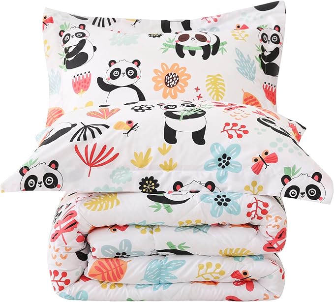JSD Panda Flower Kids Comforter Set, 3 Pieces Queen Microfiber Comforter with Pillow Sham, Soft Comfortable Machine Washable - LeafyLoom