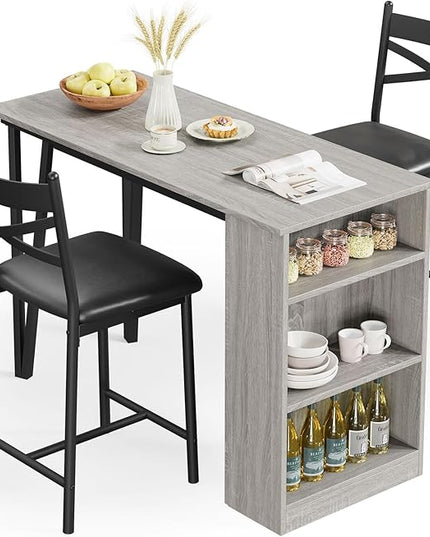 IDEALHOUSE Dining Table Set for 2, Expandable Kitchen Bar Table and Chairs for 2, 3 Piece Counter Height Top Dining Table Set with Upholstered Chairs Storage for Small Space, Black (Grey) - LeafyLoom