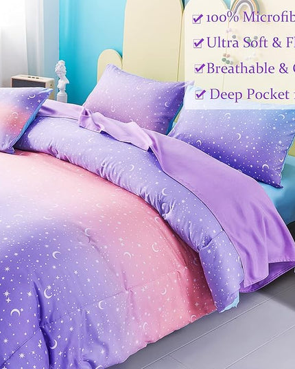 URBONUR Girls Comforter Set Queen 6PCS Gradient Purple Orange Glitter Moon Star Printed Bed in a Bag Soft Breathable Bedding Set for All Season (Star, Queen Size) - LeafyLoom