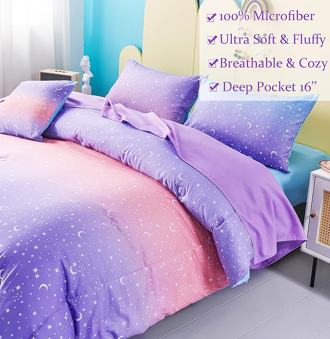 URBONUR Twin Comforter Set for Girls 6Pcs Gradient Purple Orange Blue Moon Star Printed Bed in a Bag Soft Breathable Bedding Set for All Season (Star, Twin Size) - LeafyLoom