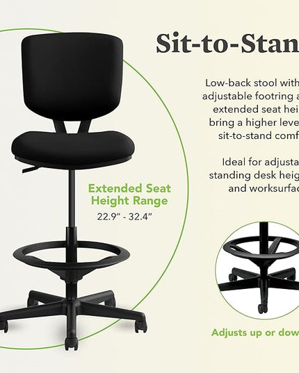 HON Volt Armless Task Seating, Stool, Black Fabric Stool - LeafyLoom