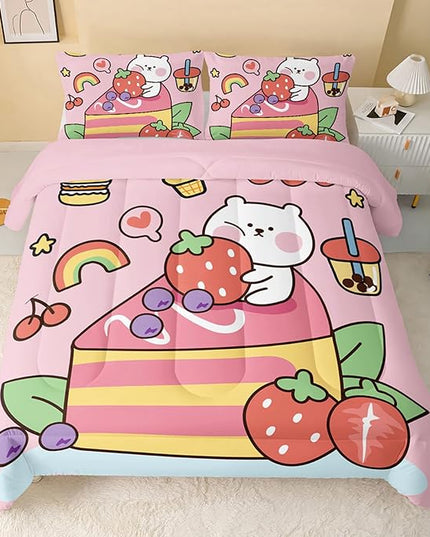Kawaii Bear Comforter King,Pink Bear Comforter Set for Kids Teens Girls,3Pcs Bedding Set Printed Comforter with 2 Pillowcases,Down Alternative,Soft and Lightweight，King Size - LeafyLoom