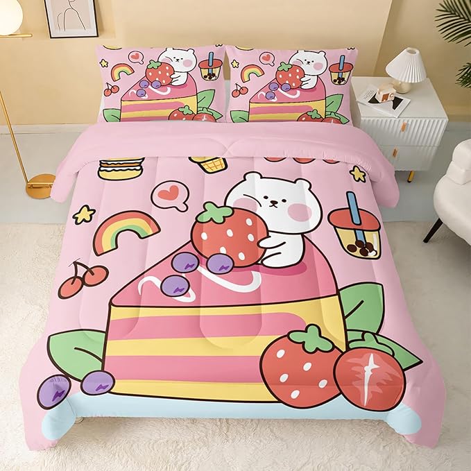 Kawaii Bear Comforter Twin,Pink Bear Comforter Set for Kids Teens Girls,3Pcs Bedding Set Printed Comforter with 2 Pillowcases,Down Alternative,Soft and Lightweight，Twin Size - LeafyLoom