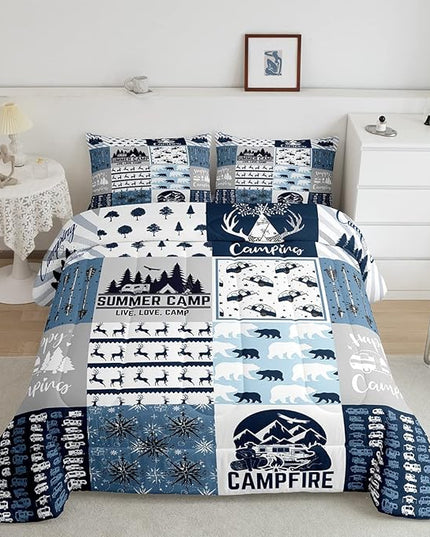 Camper Gifts Comforter Set Twin, Happing Camping Gifts For Men Women, Blue Camper Bedding Set For Camping Lovers Campsite, Camping Down Comforter For RV Travel Hiking, Camper Decor, Buffalo Plaid - LeafyLoom