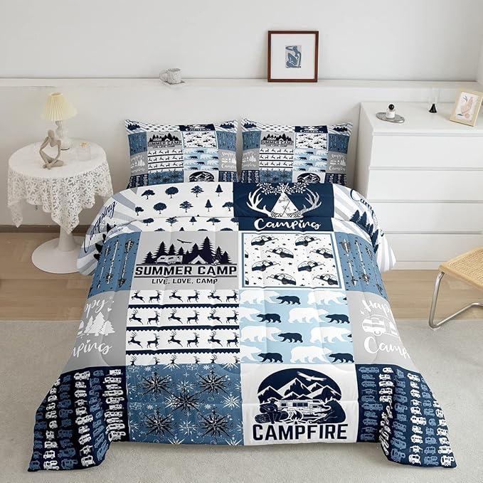 Erosebridal Happy Camping Bedding Set King Size for Boys Kids Teens, Camper Duvet Insert, Rustic Farmhouse Style Comforter Set, Sketch Drawing Camper Bedding, Camping Car Down Comforter, Blue - LeafyLoom