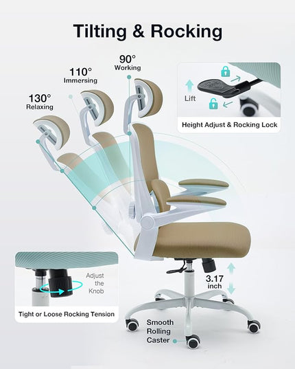Ergonomic Office Chair with Tilt-Lock, Home Office Desk Chair with Auto Lumbar Support, High Back Mesh Desk Chair with Adjustable Headrest, Swivel Task Chair or Study Room Bedroom,Light Brown - LeafyLoom