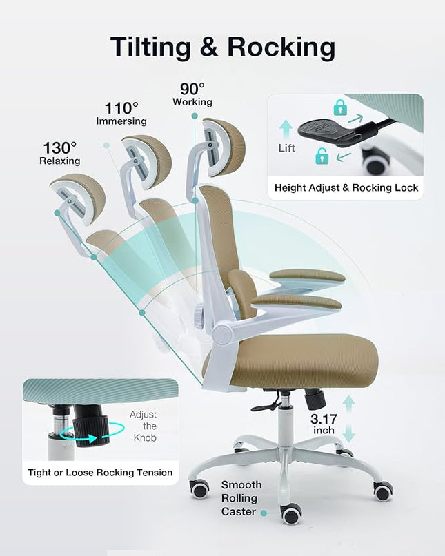 Ergonomic Office Chair with Tilt-Lock, Home Office Desk Chair with Auto Lumbar Support, High Back Mesh Desk Chair with Adjustable Headrest, Swivel Task Chair or Study Room Bedroom,Light Brown - LeafyLoom