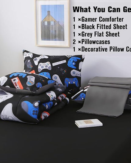 JQinHome Queen Gamer Comforter Set for Boys,6 Piece Bed in A Bag 3D Video Game Bedding -All Season Soft Microfiber Down Alternative Comforter Gamer Bedding Sets for Kids(Gamepad Collection) - LeafyLoom