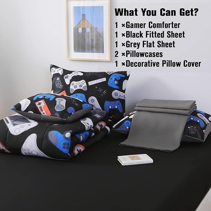 JQinHome Queen Gamer Comforter Set for Boys,6 Piece Bed in A Bag 3D Video Game Bedding -All Season Soft Microfiber Down Alternative Comforter Gamer Bedding Sets for Kids(Gamepad Collection) - LeafyLoom