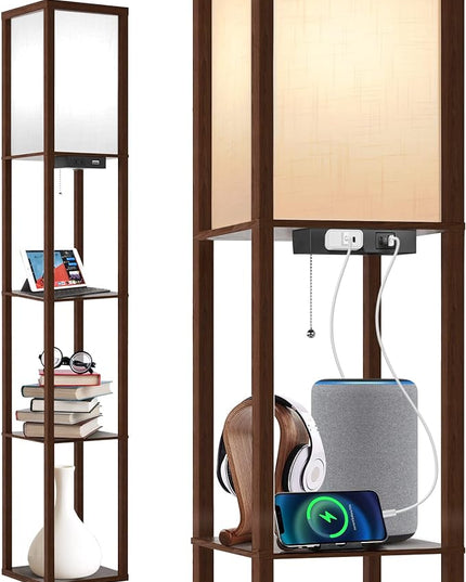 OUTON Floor Lamp with Shelves, LED Shelf Floor Lamp with USB & Type C Ports, 1 AC Outlet, 3 Color Temperature, Storage Display Wood Column Tall Standing Lamp for Living Room, Bedroom Office, Walnut - LeafyLoom