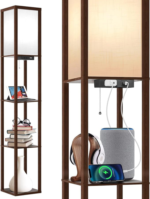 OUTON Floor Lamp with Shelves, LED Shelf Floor Lamp with USB & Type C Ports, 1 AC Outlet, 3 Color Temperature, Storage Display Wood Column Tall Standing Lamp for Living Room, Bedroom Office, Walnut - LeafyLoom