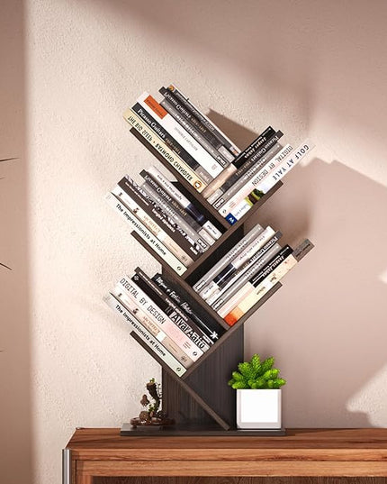 5 Tier Small Tree Bookshelf Desk Book Organizer Narrow Bookcases for Books Magazines CDs Free Standing Retro Wooden Storage Shelves for Home Office Bedroom Living Room Dark Walnut - LeafyLoom