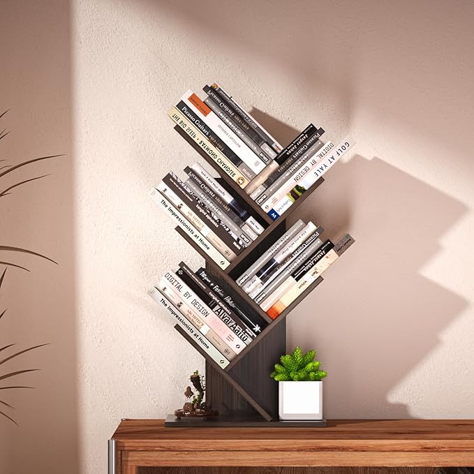 5 Tier Small Tree Bookshelf Desk Book Organizer Narrow Bookcases for Books Magazines CDs Free Standing Retro Wooden Storage Shelves for Home Office Bedroom Living Room Dark Walnut - LeafyLoom