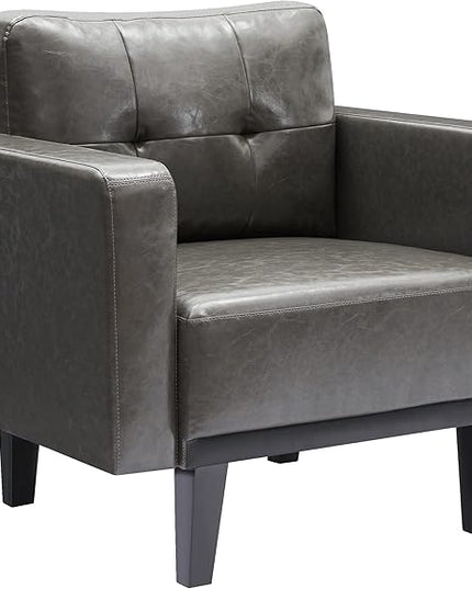 Mid-Century Modern Leather Accent Chair, Fabric Armchair for Living Room, Oversized Upholstered Single Sofa Chair for Bedroom Office Study, Comfy Accent Chairs with Wood Legs, Grey, 1 Pack - LeafyLoom