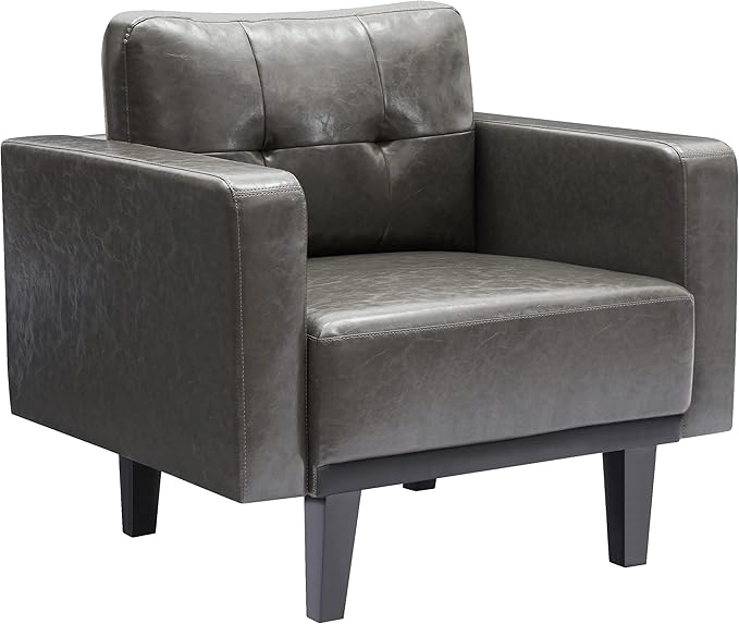 Mid-Century Modern Leather Accent Chair, Fabric Armchair for Living Room, Oversized Upholstered Single Sofa Chair for Bedroom Office Study, Comfy Accent Chairs with Wood Legs, Grey, 1 Pack - LeafyLoom