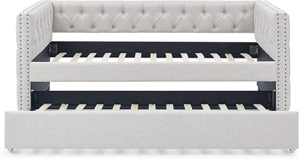 Size Linen Upholstered Daybed with Twin Trundle, Solid Wooden Bed Frame w/Button Tufted and Copper Nail on Square Arms, No Spring Box Need, for Kids, Bedroom, Dorm, Beige-4 - LeafyLoom