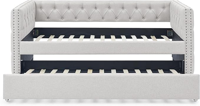 Size Linen Upholstered Daybed with Twin Trundle, Solid Wooden Bed Frame w/Button Tufted and Copper Nail on Square Arms, No Spring Box Need, for Kids, Bedroom, Dorm, Beige-4 - LeafyLoom