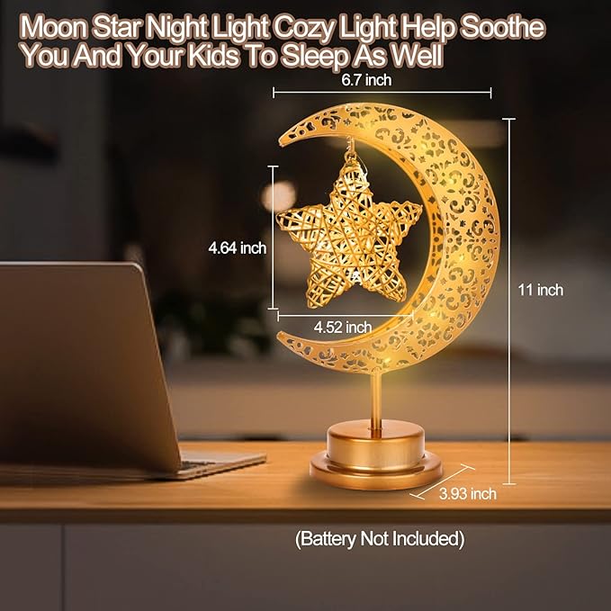 HEDAQI Enchanted Lunar Star Table Lamp, Cordless Battery Operated LED Crescent Moon Light, Hanging Star Lamp Decorative Night Light Home Bedroom Decor - LeafyLoom