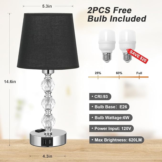 Acaxin Bedside Table Lamps for Bedrooms Set of 2 Nightstand- Crystal Table Lamps with USB C+A Ports & AC Outlet for Charging, 3 Way Dimmable Touch Silver Small Bed Side Table Lamp for Guest Room - LeafyLoom
