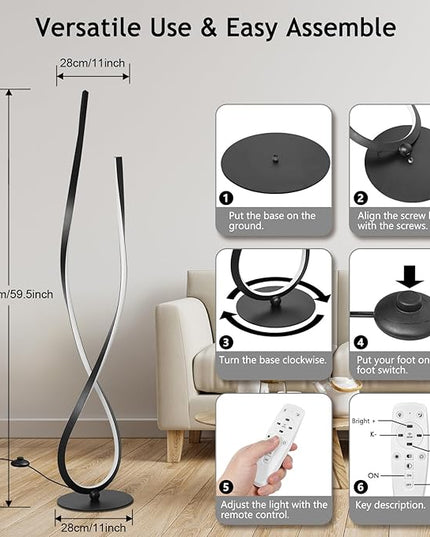 NUÜR Spiral Floor Lamp, 59" Tall Black LED Modern Standing Floor Lamp with Remote Control, Arched Bright Floor Lamps for Living Room Bedroom Office Home (Spiral Floor Lamp) - LeafyLoom