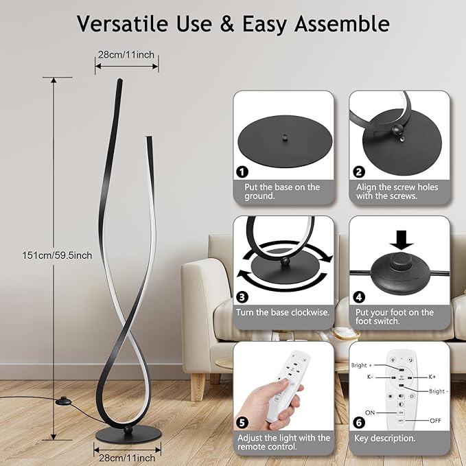 NUÜR Spiral Floor Lamp, 59" Tall Black LED Modern Standing Floor Lamp with Remote Control, Arched Bright Floor Lamps for Living Room Bedroom Office Home (Spiral Floor Lamp) - LeafyLoom