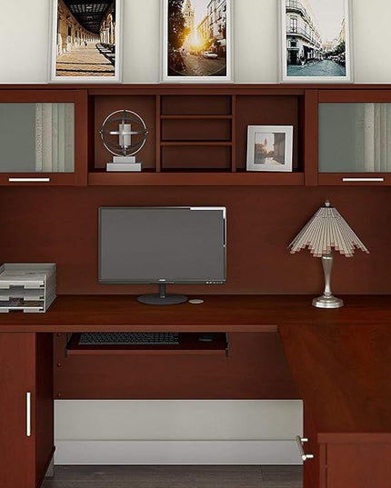 Bush Furniture Somerset 72W Desk Hutch in Hansen Cherry, Attachment with Shelves and Cabinets for Home Office - LeafyLoom