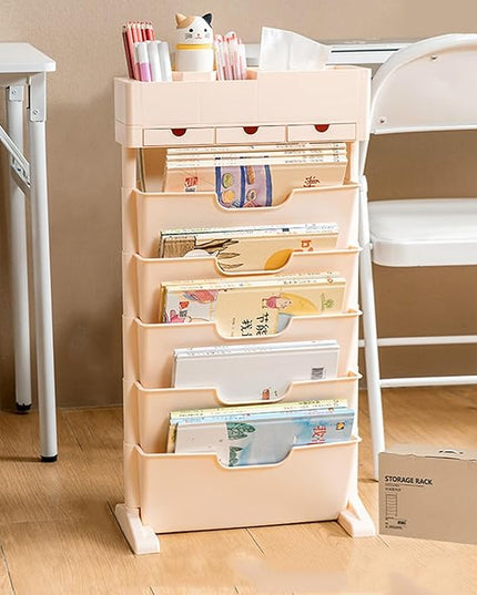 6 Tier Rolling Cart,Open Bookcase and Bookshelf,Mobile Bookshelf with Wheels 3 Drawer,Storage Shelving Display Shelves,Narrow Rolling Storage Cart for Living Room, Bedroom, Kitchen (Pink) - LeafyLoom