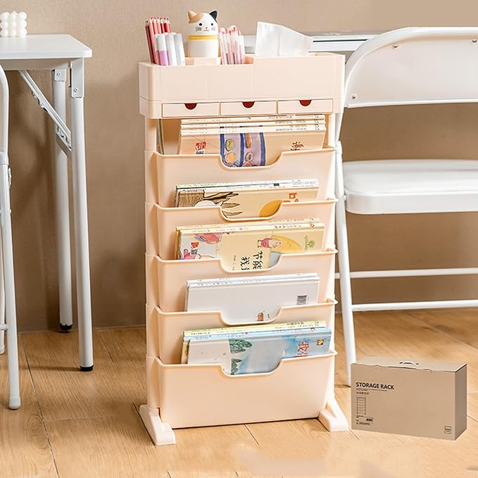 6 Tier Rolling Cart,Open Bookcase and Bookshelf,Mobile Bookshelf with Wheels 3 Drawer,Storage Shelving Display Shelves,Narrow Rolling Storage Cart for Living Room, Bedroom, Kitchen (Pink) - LeafyLoom