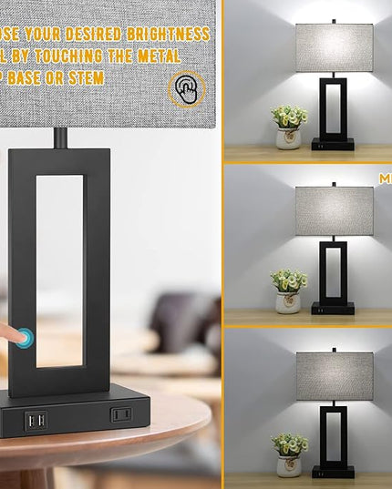 Set of 2 Modern Touch Control Table Lamps with 2 USB Ports, 22’’ Large Bedside Nightstand Lamps 3-Way Dimmable Desk Lamp With Grey Fabric Shade For Bedrooms Living Room Reading, 2 LED Bulbs Included - LeafyLoom
