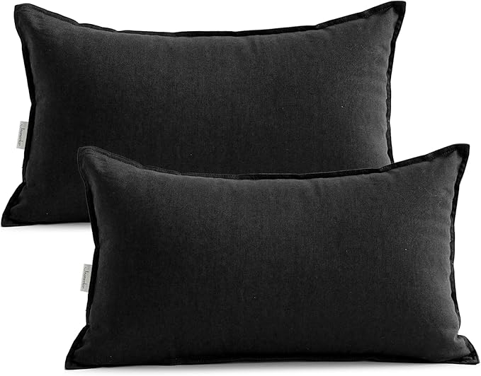 Jeanerlor Natural Cotton Linen Green Decorative 12"x20" Throw Pillow Case Cushion Cover with Twin Needles Stitch on Edge for Lumbar, (30 x 50cm), 2 Pcs, Black - LeafyLoom