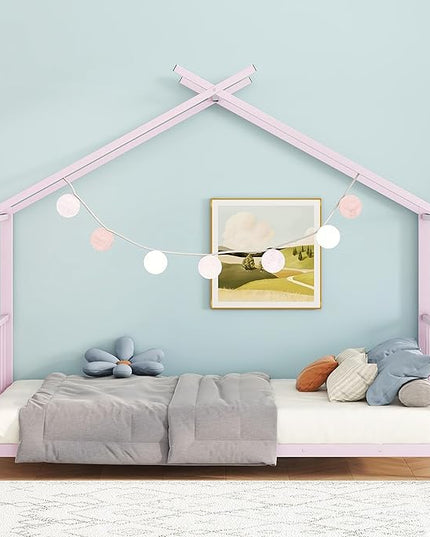 Twin Size Kids Montessori Floor Bed,House Bed Frame with High Headboard,Twin Floor Bed with Roof for Boys Girls,Floor Bed Metal Frame (Pink) - LeafyLoom
